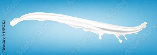 Milk splash realistic vector illustration. Natural dairy product, yogurt or cream splash isolated on blue background