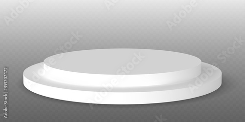 White podium. Pedestal platform or showroom stand. White studio stage platform