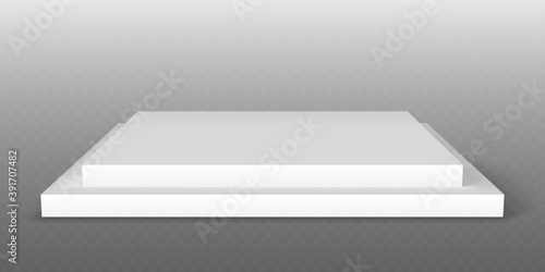 White podium. Pedestal platform or showroom stand. White studio stage platform