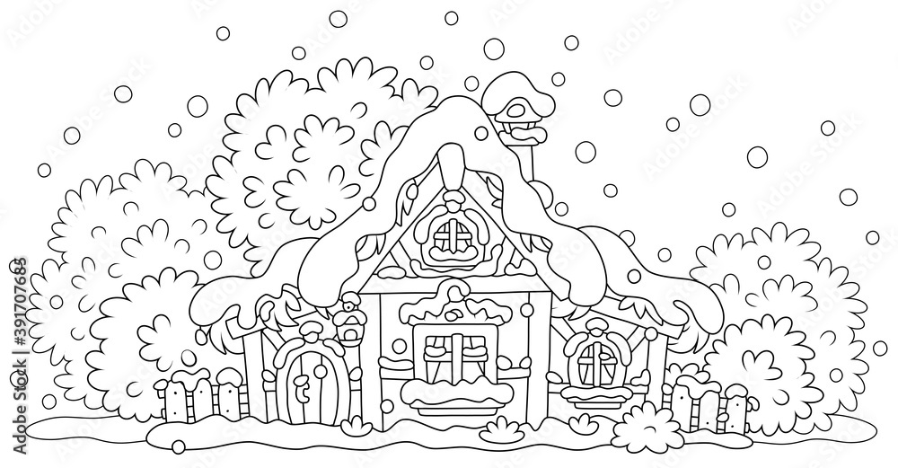 Snow-covered small wooden house in a village from a fairytale on a snowy and frosty winter night on Christmas Eve, black and white outline vector cartoon illustration for a coloring book page