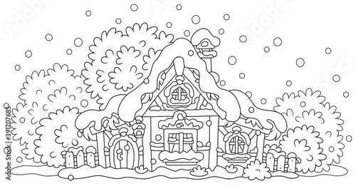 Snow-covered small wooden house in a village from a fairytale on a snowy and frosty winter night on Christmas Eve, black and white outline vector cartoon illustration for a coloring book page