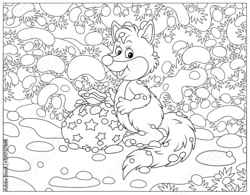 Smiling little fox with a bag of holiday gifts under snow-covered fir branches in a snowy winter forest, black and white outline vector cartoon illustration for a coloring book page