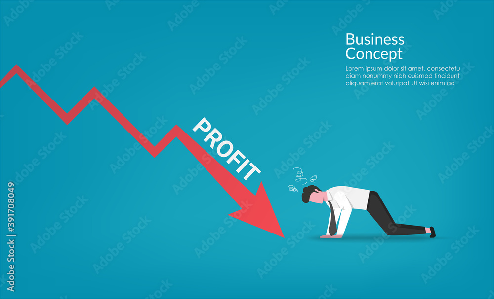 Businessman character shocking down red arrow financial financial crisis. Business metaphor symbol vector illustration Businessman character shocking down red arrow financial financial crisis. Business metaphor symbol vector illustration
