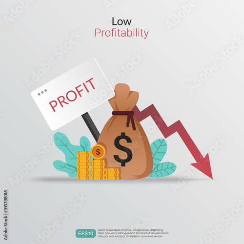 Low profitability concept. Profit losses symbol with decrease arrow vector illustration.