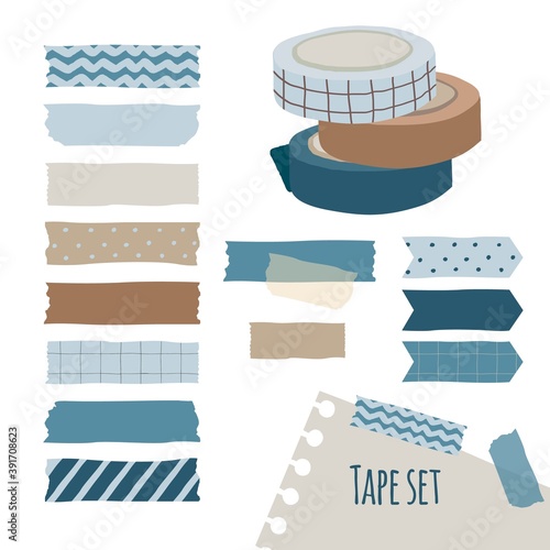 Set of cute colorful hand drawn masking tape, blank tags label stickers with patterns in pastel color as design elements for decoration.