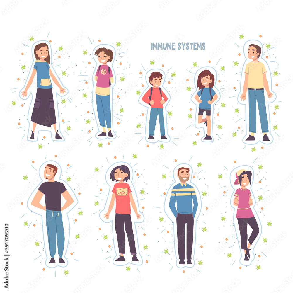 Cheerful People Protected from Bacterias, Viruses and Germs Set, Strong Immune System Concept Cartoon Style Vector Illustration