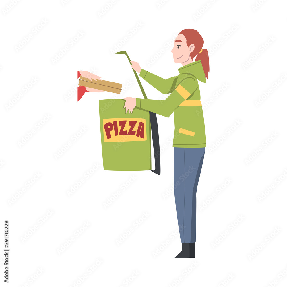 Delivery Girl Giving Cardboard to Client, Pizza Delivery Service Cartoon Style Vector Illustration Delivery Girl Giving Cardboard to Client, Pizza Delivery Service Cartoon Style Vector Illustration