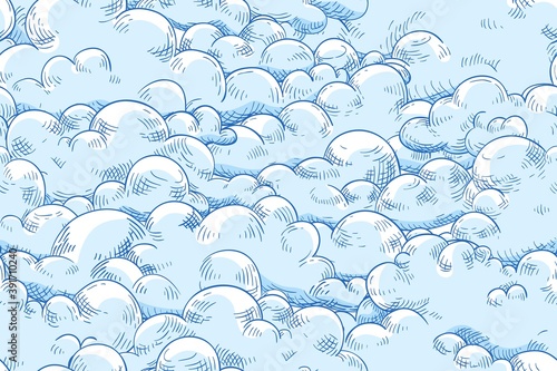 Seamless pattern with fluffy clouds. Repetitive background with soap foam or curly cumulus for wrapping or textile. Vector hand drawn illustration of beautiful cloudscape