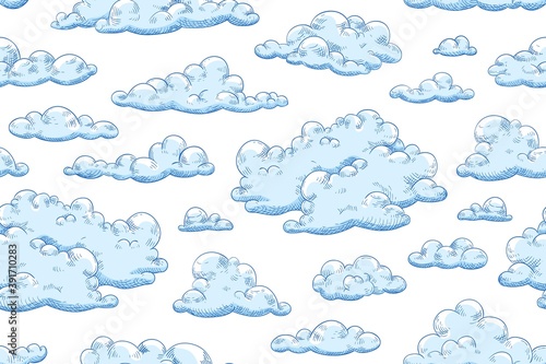 Seamless pattern with blue fluffy clouds. Hand drawn endless background with curly cumulus for wrapping or textile. Background with sky view. Vector illustration of cloudscape