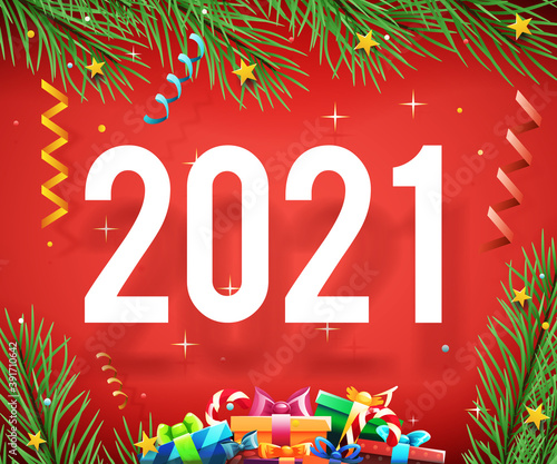 New year 2021 symbol icon confetti ribbons greeting card poster invitation vector illustration