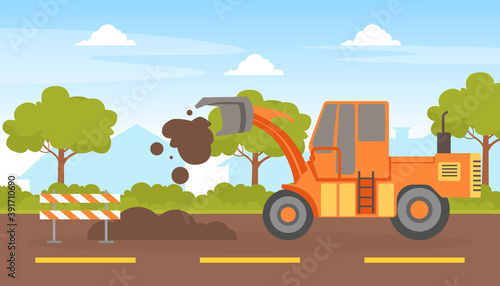 Road Construction and Repair, Heavy Construction Machinery, Excavator Digging on Road Vector Illustration