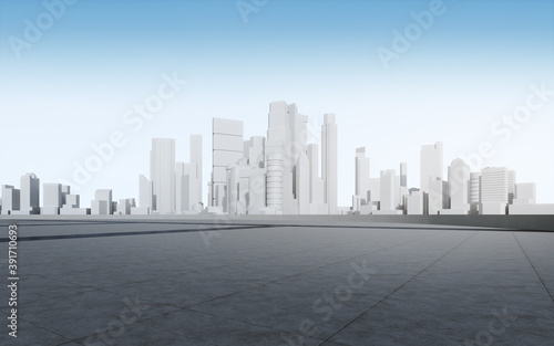 Empty concrete floor for car park. 3d rendering of abstract future cityscape with clear blue sky background.