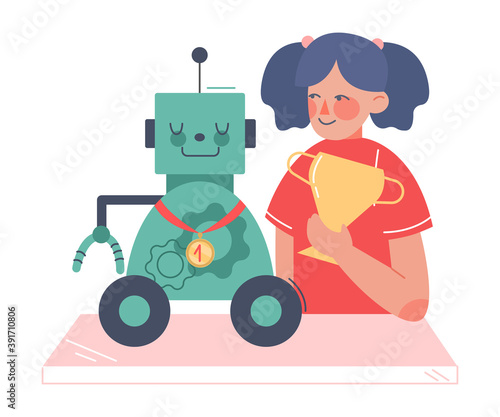 Girl Celebrating Her Victory at Robotics Competition, Schoolgirl with Winner Cup Cartoon Style Vector Illustration
