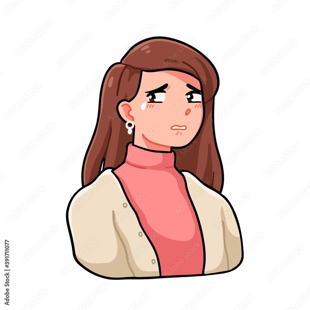 Portrait of young female anime character isolated on white background. Sad crying girl face. Colorful avatar of upset teenager. Vector illustration in manga style