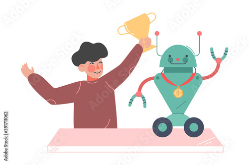 Boy Celebrating His Victory at Robotics Competition Cartoon Style Vector Illustration