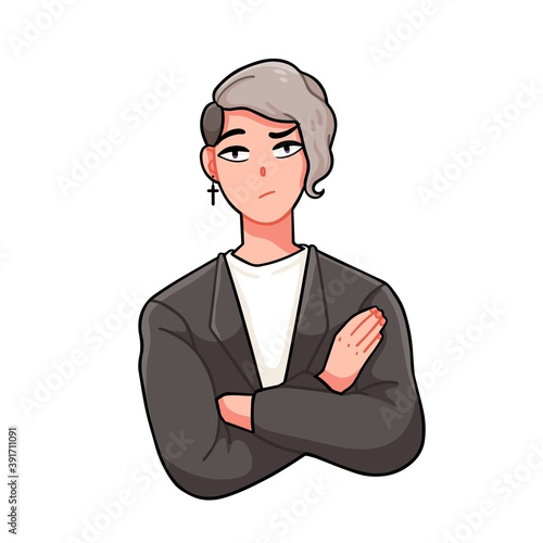 Colorful portrait of bored anime hipster guy. Young male manga character avatar. Kawaii handsome teenager with fold arms and painted eyes. Vector illustration