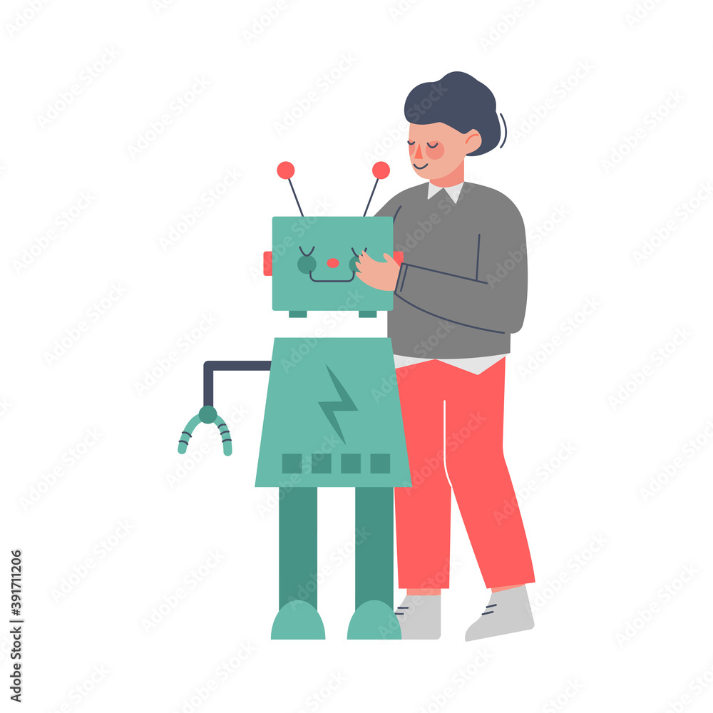 Boy Assembling Robot, Young Engineer Character Working on Future Technology Educational Project Cartoon Style Vector Illustration
