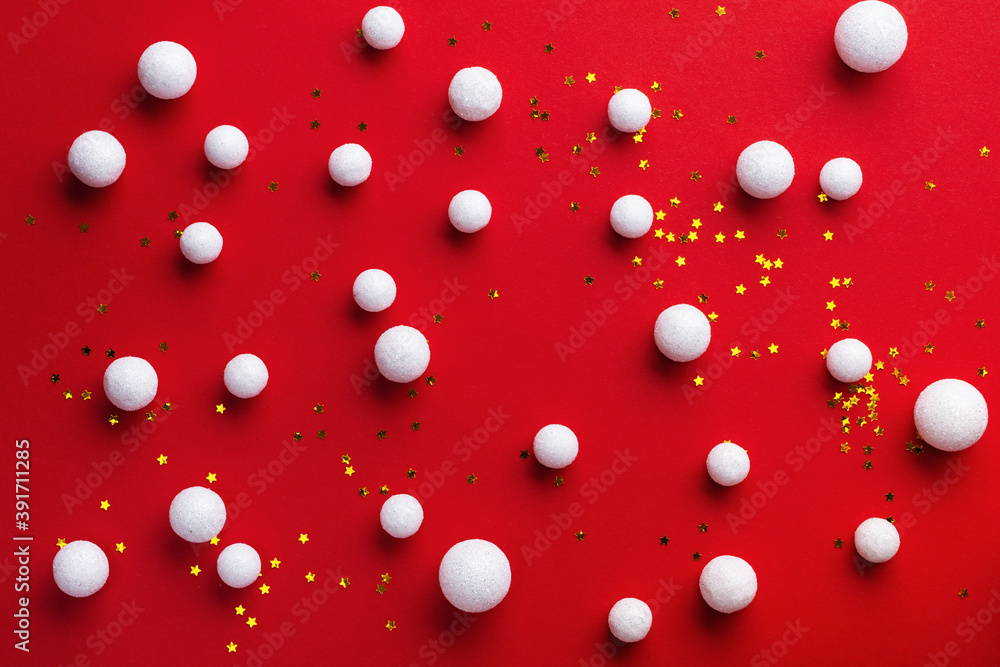 Christmas red background with white snow ornament decoration. Flat lay New year minimal composition. Christmas red background with white snow ornament decoration. Flat lay New year minimal composition.