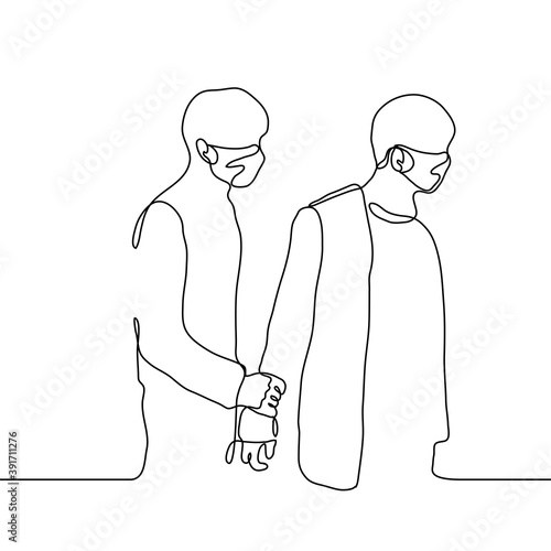 two men in masks, one of whom leaves and the other tries to hold him / detain him. one line drawing concept relationship breakup, quarrel, resentment, disappointment, parting