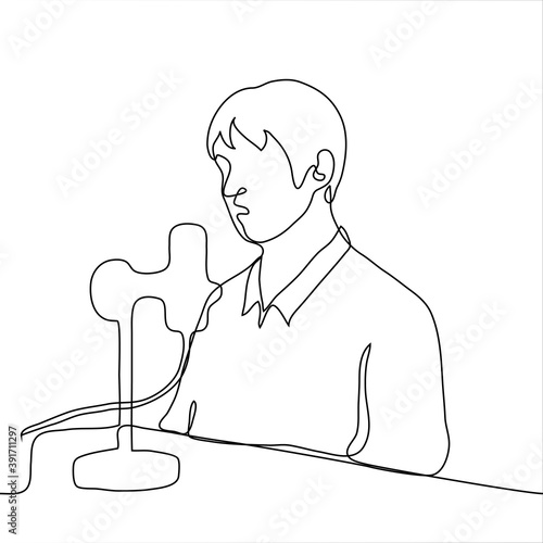 man sits at a table and speaks into a microphone. one line drawing of the presenter or guest broadcasts using professional audio equipment.