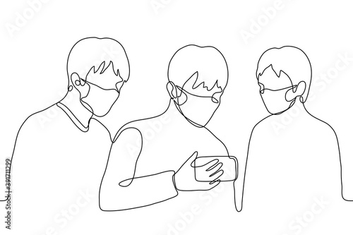 three guys stand and look at the phone that the guy is holding in the middle. one line drawing three friends are passionate about a smartphone, they are watching and listening