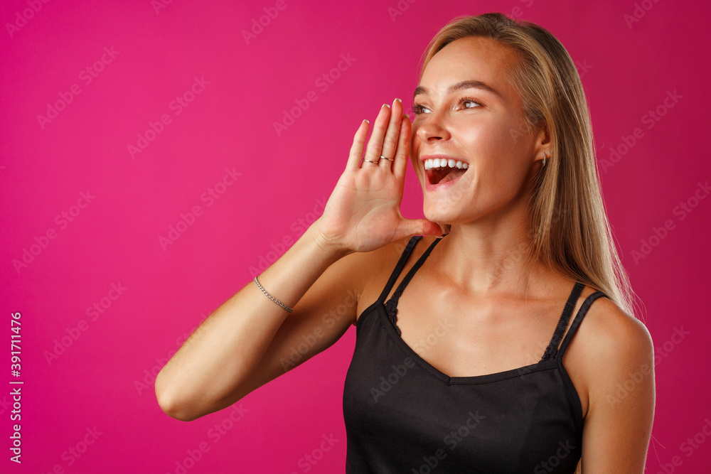 Cute blonde woman screams using her hands as tube Cute blonde woman screams using her hands as tube