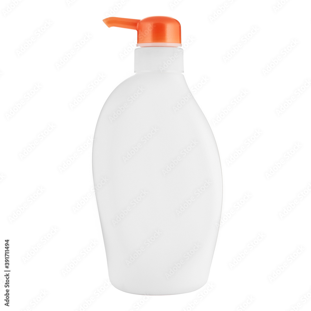 Dispenser bottle for sanitizer or cosmetic product with white blank label on white background Dispenser bottle for sanitizer or cosmetic product with white blank label on white background