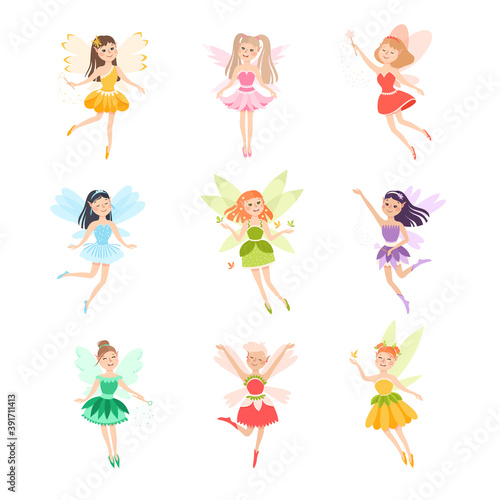 Cute Girls Fairies with Wings Set, Lovely Winged Elves Princesses in Fancy Dress Cartoon Style Vector Illustration