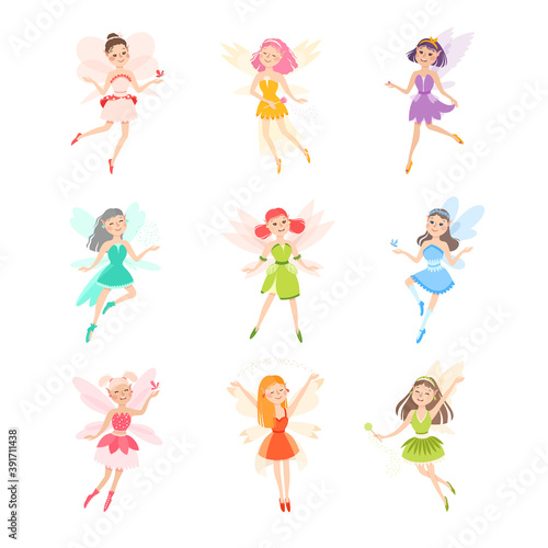 Cute Little Fairies with Wings Set, Lovely Winged Elf Princesses in Colorful Dress Cartoon Style Vector Illustration