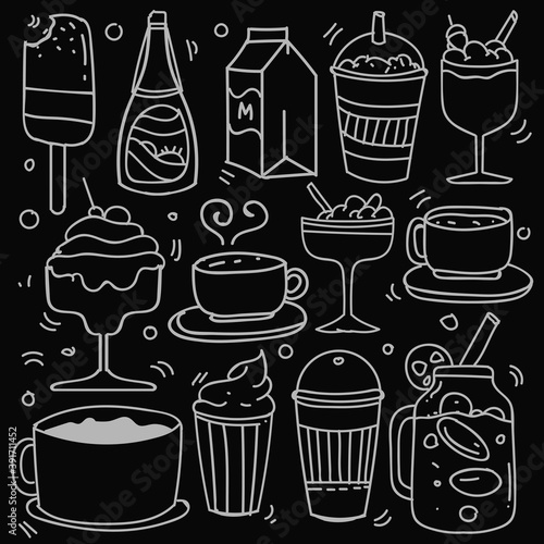 Hand drawn of beverages in doodle style isolated on black background, Vector hand drawn set beverages theme. Vector illustration