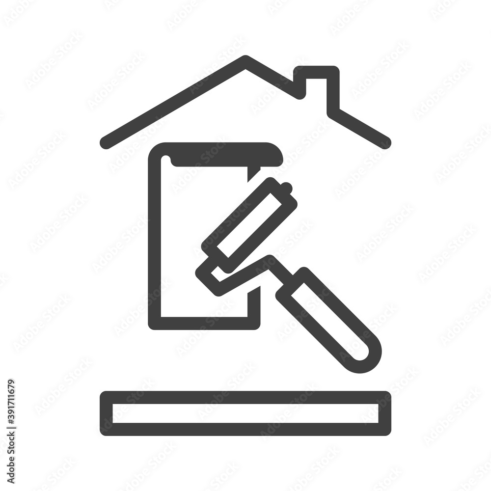 Home renovation icon. A simple image of wallpaper and a roller under the roof of a house. Self-isolation lesson. Isolated vector on white background. Home renovation icon. A simple image of wallpaper and a roller under the roof of a house. Self-isolation lesson. Isolated vector on white background.