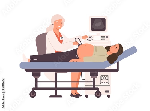 Pregnant woman at ultrasound examination. Doctor checkup and monitoring patient health with ultrasonic imaging device. Prenatal care. Flat vector cartoon illustration isolated on white background