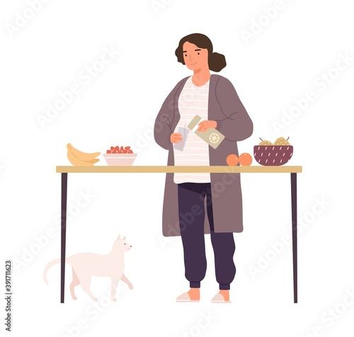 Young pregnant woman pouring juice in the glass. Female character in homewear cooking breakfast. Morning at home. Flat vector cartoon illustration isolated on white background
