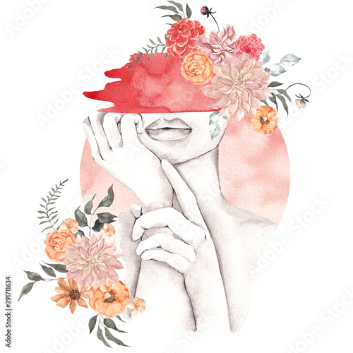 Fototapeta Naklejka Na Ścianę i Meble -  Watercolor illustration with woman silhouette, floral bouquet and abstract shapes, isolated on white background