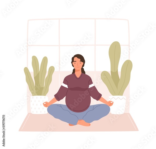 Young calm pregnant woman with closed eyes meditating at home. Girl with belly in lotus pose doing yoga. Scene of active lifestyle during pregnancy. Flat vector cartoon illustration isolated on white