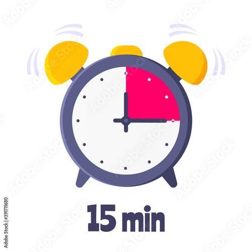 Fifteen minutes on analog clock face flat style design vector illustration icon sign isolated on white background. Analogue wall clock 15 minutes time management business concept.