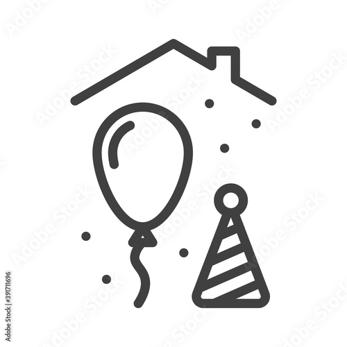 Holiday home icon. A simple image of a festive atmosphere under the roof of a house. Ball and cap. Self-isolation lesson. Isolated vector on white background.