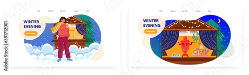 Girl drinks hot mulled wine in front of christmas market fair stall. New year traditional fair vector concept illustration. Russian holiday market stall with samovar. Web site design template