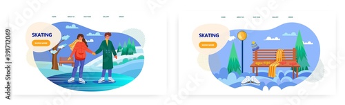 Romantic cople ice skating on a lake. Winter holiday sport activity vector concept illustration. Outdoor ice rink. Ice skating park with bench. Web site design template
