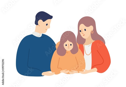 Parents calming down and support unhappy child. Mother and father hug and empathize daughter. Scene of empathy and family care. Flat vector cartoon illustration isolated on white
