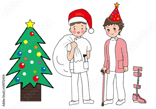 クリスマスツリーと医療職の男女
