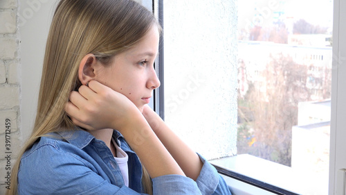 Fotografía Sad Kid Looking on Window, Unhappy Child, Bored Thoughtful Girl, Teenager Face,