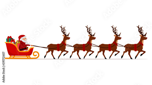 Santa claus with reindeer and gifts. Christmas season. Vector illustration