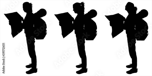 Tourists stand with backpacks behind their backs and tourist rugs one after another. Girls hold a map of the area in hands and look at the map. Female silhouettes are isolated on a white background.