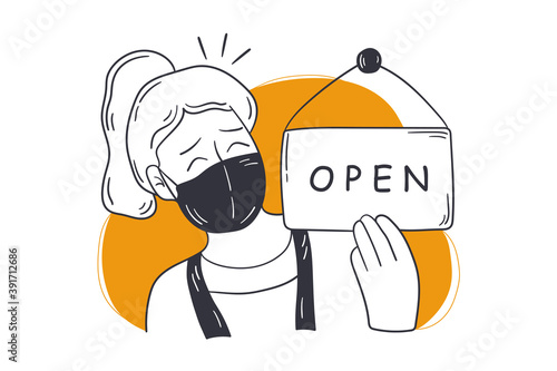 Reopening, shop, small business concept. Young happy woman store owner in medical face mask opening salon cafe after pandemic lockdown quarantine. We are working again after coronavirus illustration.