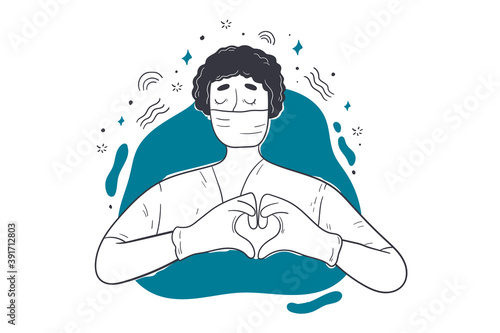 Healthcare, medicne, coronavirus protection concept. Young calm african amercian woman doctor nurse professional medic wear face mask showing heart symbol with hands. Medical love sign care safety. 