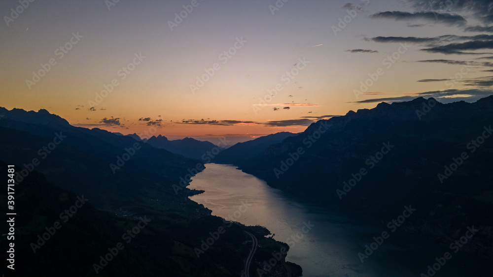 Dawn in a valley with the Wallensee and beautiful mountains in Flums Switzerland - Drone Perspective Landscape Photography 