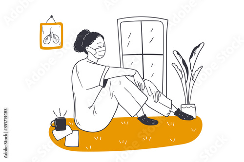 Medicine work, anxiety, fatigue concept. Tired exhausted african american woman doctor nurse with face mask sits on floor. Depressed sad black doctor feels burnout mental stress or lack of sleep. 