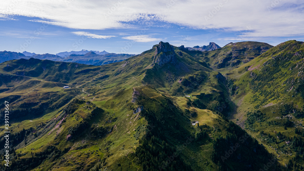 Sächsmoor and a beautiful mountain panorama on a sunny day - Drone Perspective Landscape Photography