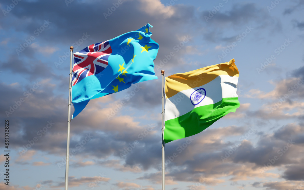 Beautiful national state flags of Tuvalu and India. Beautiful national state flags of Tuvalu and India.
